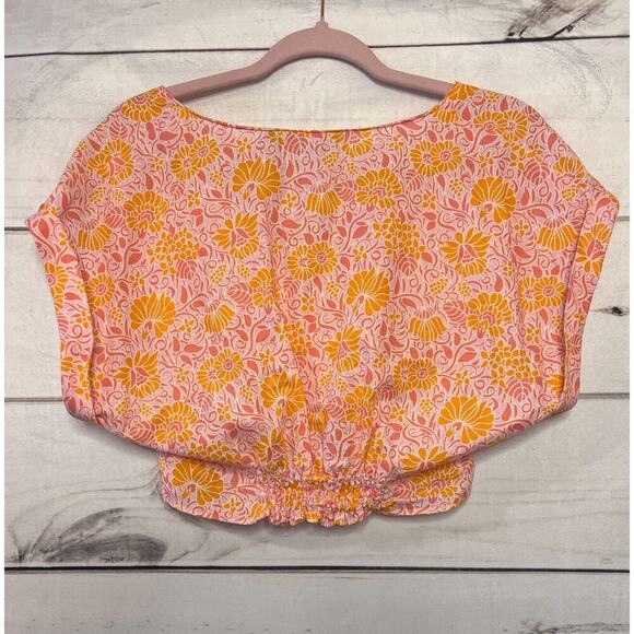 Zara crop top Pink Floral orange Women's Blouse Short Sleeve size S - Picture 4 of 4